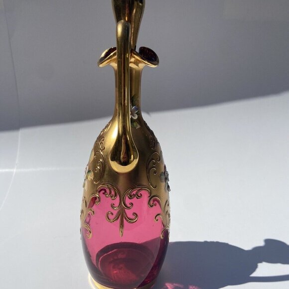 Cranberry Bohemian Glass Cruet, Gilded, Hand-painted, enameled appliques - Picture 5 of 13